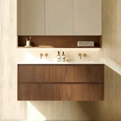1190*455*520mm Mocha Oak Wood Mat Gladstone Modern Wall Hung Plywood Cabinet For Double Bowl