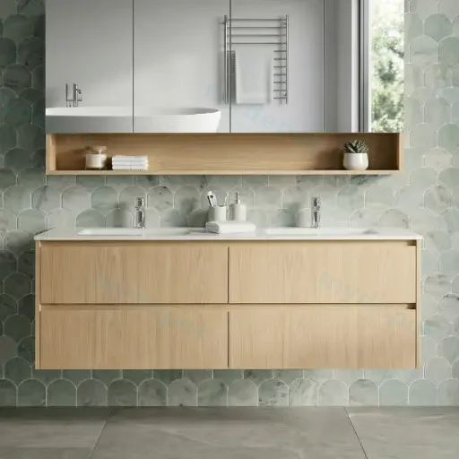 1490*455*520mm Sandy Oak Wood Matt Gladstone Modern Wall Hung Plywood Cabinet For Single And Double Bowl