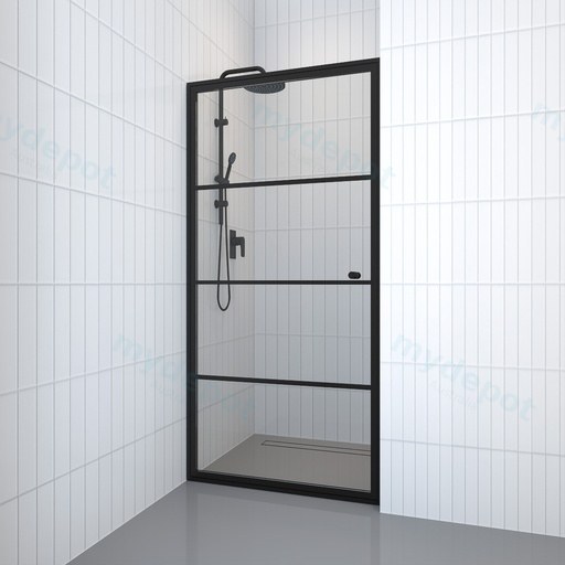 900-1000mm Shower Screen Wall to Wall Pivot Door Semi-Frameless 6mm Clear Tempered Glass Black Grid