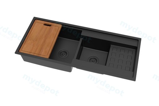 Size:1160*500*225mm Bowl Size:430*523*225mm+300*299*225mm Matte Black Gabrio Granite Sink With Work Station