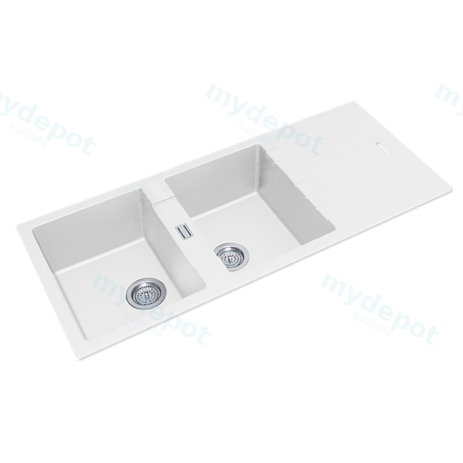 White Granite Quartz Stone Kitchen Sink Double Bowls Drainboard Top/Undermount 1160*500*200mm