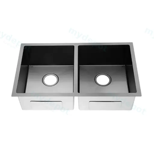 Round Corner Dark Grey Stainless Steel Handmade Double Bowl Kitchen Sink 770*450*215mm(With Dark Grey Waste)