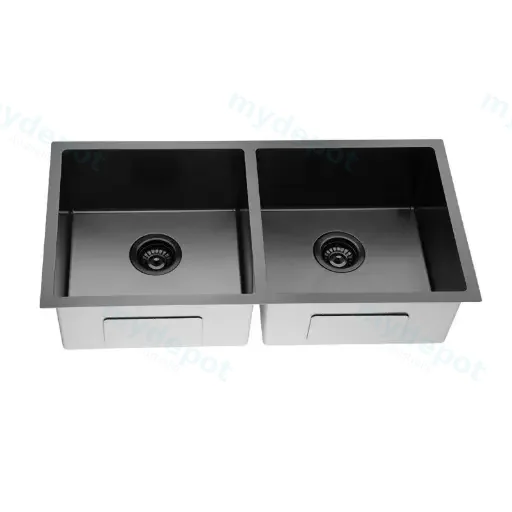Round Corner Dark Grey Stainless Steel Handmade Double Bowl Kitchen Sink 865*440*200mm(With Dark Grey Waste)