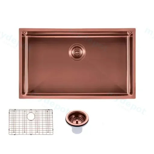 Round Corner Stainless Steel Copper PVD Coating Single Bowl Kitchen Sink(With Bottom Grid) 762*457*254mm