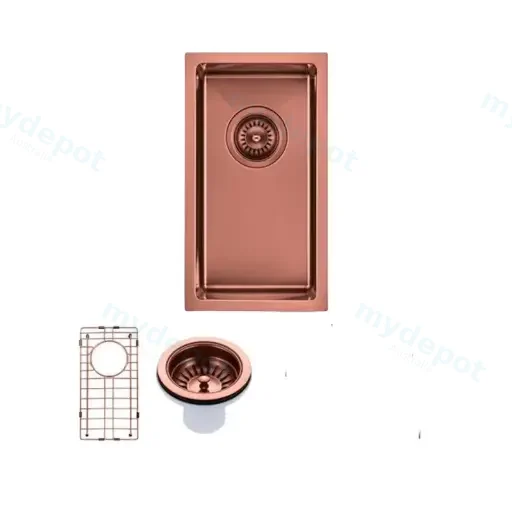 Round Corner Stainless Steel Copper PVD Coating Single Bowl Kitchen Sink(With Bottom Grid) 250*450*215mm