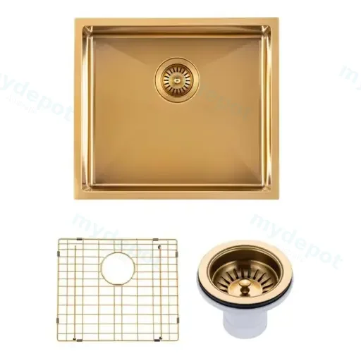 (C-500 Gold)Round Corner Stainless Steel Brushed Brass PVD Coating Single Bowl Kitchen Sink(With Bottom Grid) 500*440*230mm