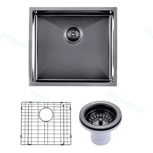 (C-500 Black)Round Corner Stainless Steel Gun Metal Grey PVD Coating Single Bowl Kitchen Sink(With Bottom Grid) 500*440*230mm