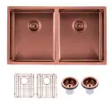 Round Corner Stainless Steel Copper PVD Coating Double Bowl Kitchen Sink(With Bottom Grid) 820*457*230mm