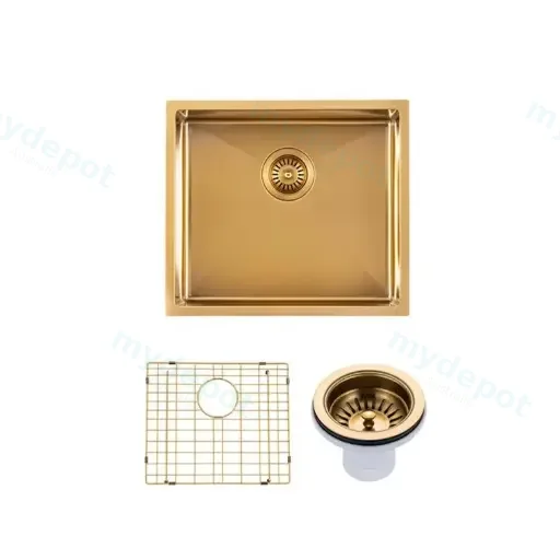 (C-510 Gold)Round Corner Stainless Steel Brushed Brass PVD Coating Single Bowl Kitchen Sink(With Bottom Grid) 510*450*230mm