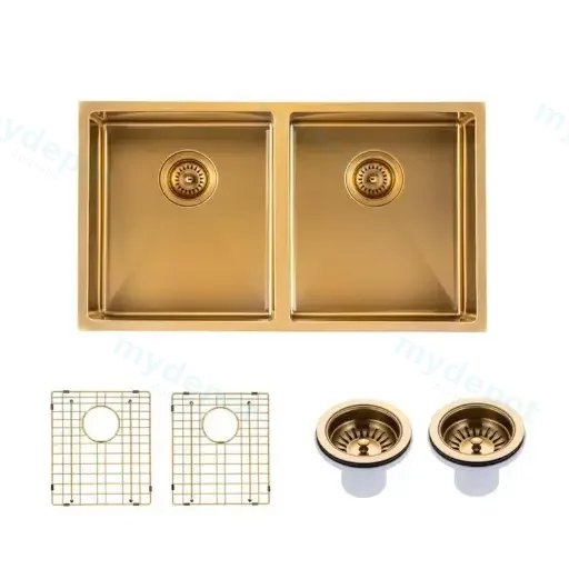 (C-770 Gold)Round Corner Stainless Steel Brushed Brass PVD Coating Double Bowl Kitchen Sink(With Bottom Grid) 770*450*215mm