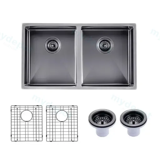 (C-770 Black)Round Corner Stainless Steel Gun Metal Grey PVD Coating Double Bowl Kitchen Sink(With Bottom Grid) 770*450*215mm