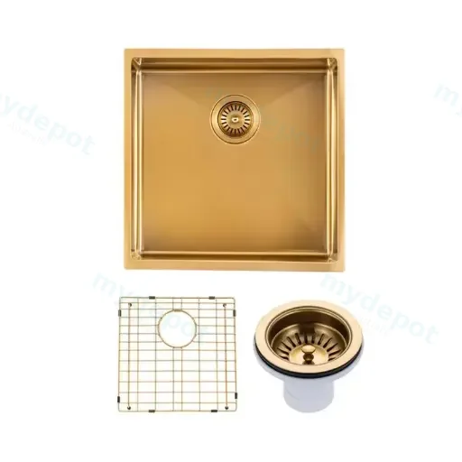 (C-440 Gold)Round Corner Stainless Steel Brushed Brass PVD Coating Single Bowl Kitchen Sink(With Bottom Grid) 440*440*205mm