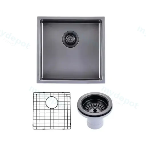 (C-440 Black)Round Corner Stainless Steel Gun Metal Grey PVD Coating Single Bowl Kitchen Sink(With Bottom Grid) 440*440*205mm