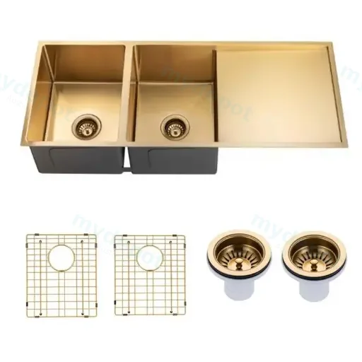 (C-1160 Gold)Round Corner Stainless Steel Brushed Brass PVD Coating Double Bowl With Drain Board Kitchen Sink(With Bottom Grid) 1160*460*230mm