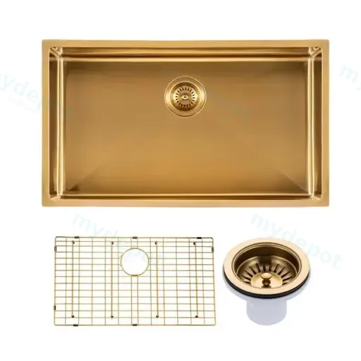 (C-762 Gold)Round Corner Stainless Steel Brushed Brass PVD Coating Single Bowl Kitchen Sink(With Bottom Grid) 762*457*254mm