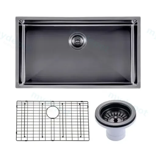 (C-762 Black)Round Corner Stainless Steel Gun Metal Grey PVD Coating Single Bowl Kitchen Sink(With Bottom Grid) 762*457*254mm