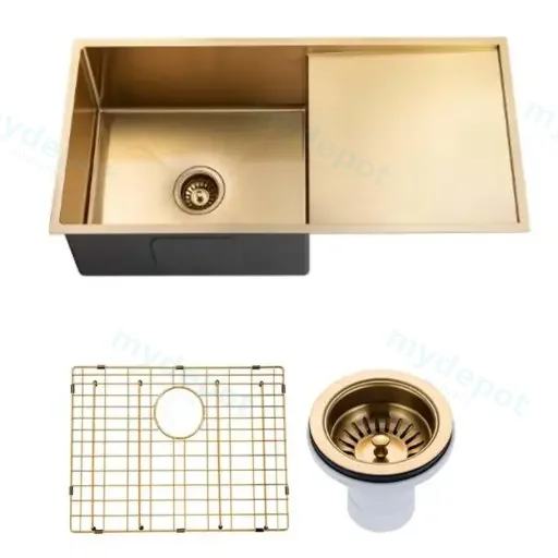 (C-960 Gold)Round Corner Stainless Steel Brushed Brass PVD Coating Single Bowl With Drain Board Kitchen Sink(With Bottom Grid) 960*450*230mm