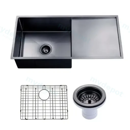 (C-960 Black)Round Corner Stainless Steel Gun Metal Grey PVD Coating Single Bowl With Drain Board Kitchen Sink(With Bottom Grid) 960*450*230mm