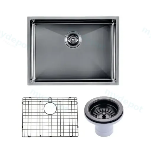 (C-600D Black)Round Corner Stainless Steel Gun Metal Grey PVD Coating Single Bowl Kitchen Sink(With Bottom Grid) 600*450*300mm