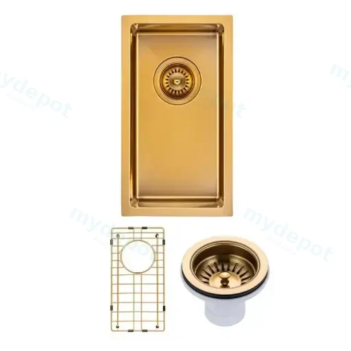 (C-250 Gold)Round Corner Stainless Steel Brushed Brass PVD Coating Single Bowl Kitchen Sink(With Bottom Grid) 250*450*215mm