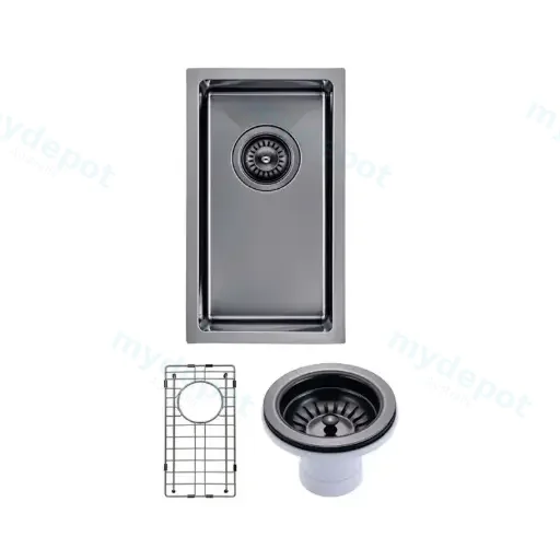 (C-250 Black)Round Corner Stainless Steel Gun Metal Grey PVD Coating Single Bowl Kitchen Sink(With Bottom Grid) 250*450*215mm