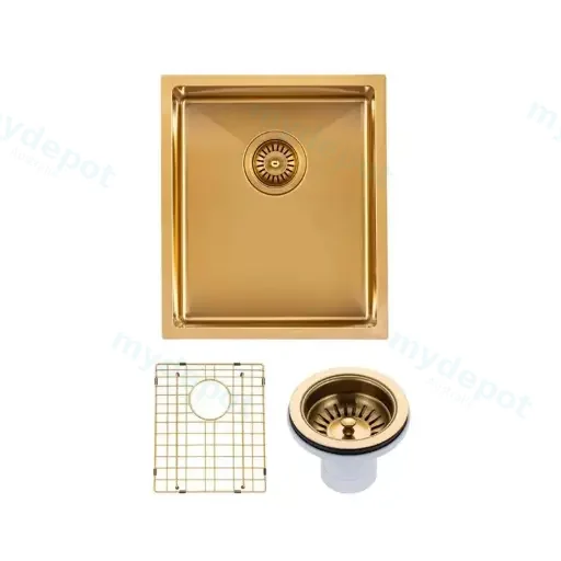 (C-390 Gold)Round Corner Stainless Steel Brushed Brass PVD Coating Single Bowl Kitchen Sink(With Bottom Grid) 390*450*215mm