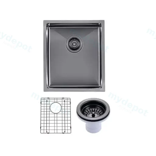 (C-390 Black)Round Corner Stainless Steel Gun Metal Grey PVD Coating Single Bowl Kitchen Sink(With Bottom Grid) 390*450*215mm