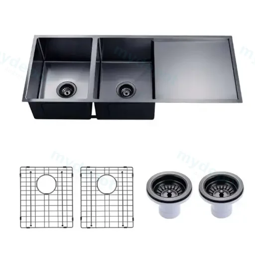 (C-1160 Black)Round Corner Stainless Steel Gun Metal Grey PVD Coating Double Bowl With Drain Board Kitchen Sink(With Bottom Grid) 1160*460*230mm