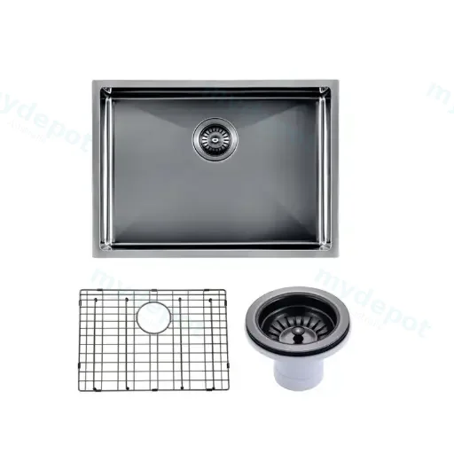 (C-600 Black)Round Corner Stainless Steel Gun Metal Grey PVD Coating Single Bowl Kitchen Sink(With Bottom Grid) 600*450*230mm