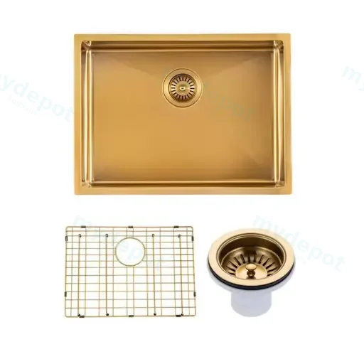 (C-600D Gold)Round Corner Stainless Steel Brushed Brass PVD Coating Single Bowl Kitchen Sink(With Bottom Grid) 600*450*300mm