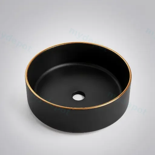 360*360*125mm Matte Black With Gold Rim Above Counter Basin(32mm Nonoverflow)