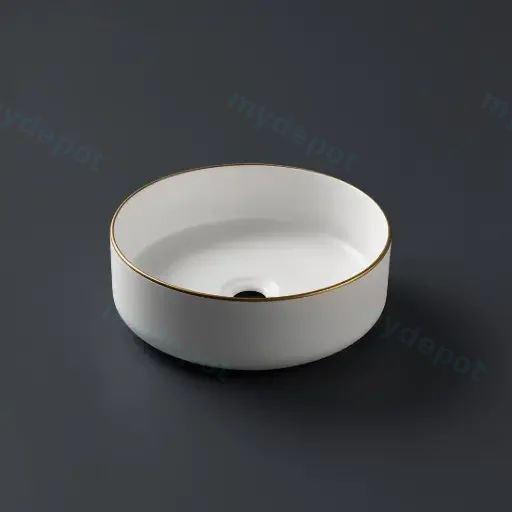 360*360*125mm Matte White With Gold Rim Above Counter Basin(32mm Nonoverflow)