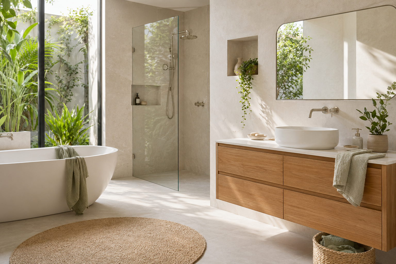 Fresh natural bathroom with plants, vanity and tapware