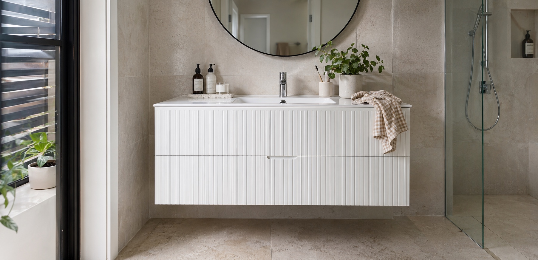 Real bathroom photo with white fluted vanity cabinet