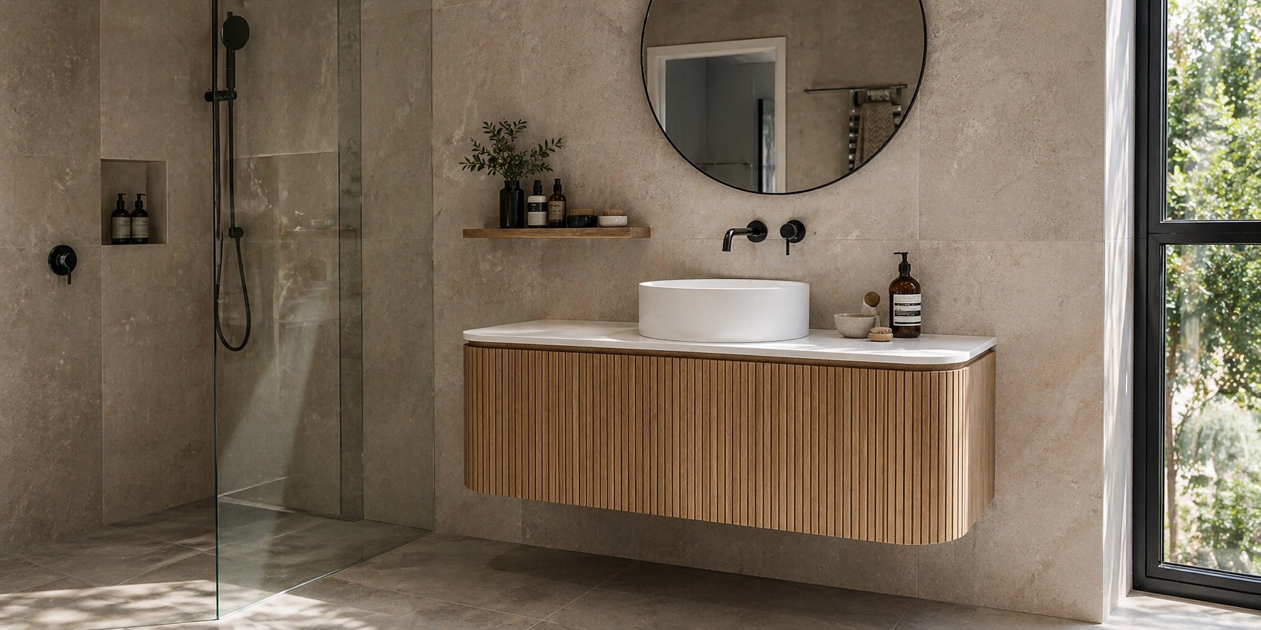 Real bathroom photo with timber fluted vanity and black tapware
