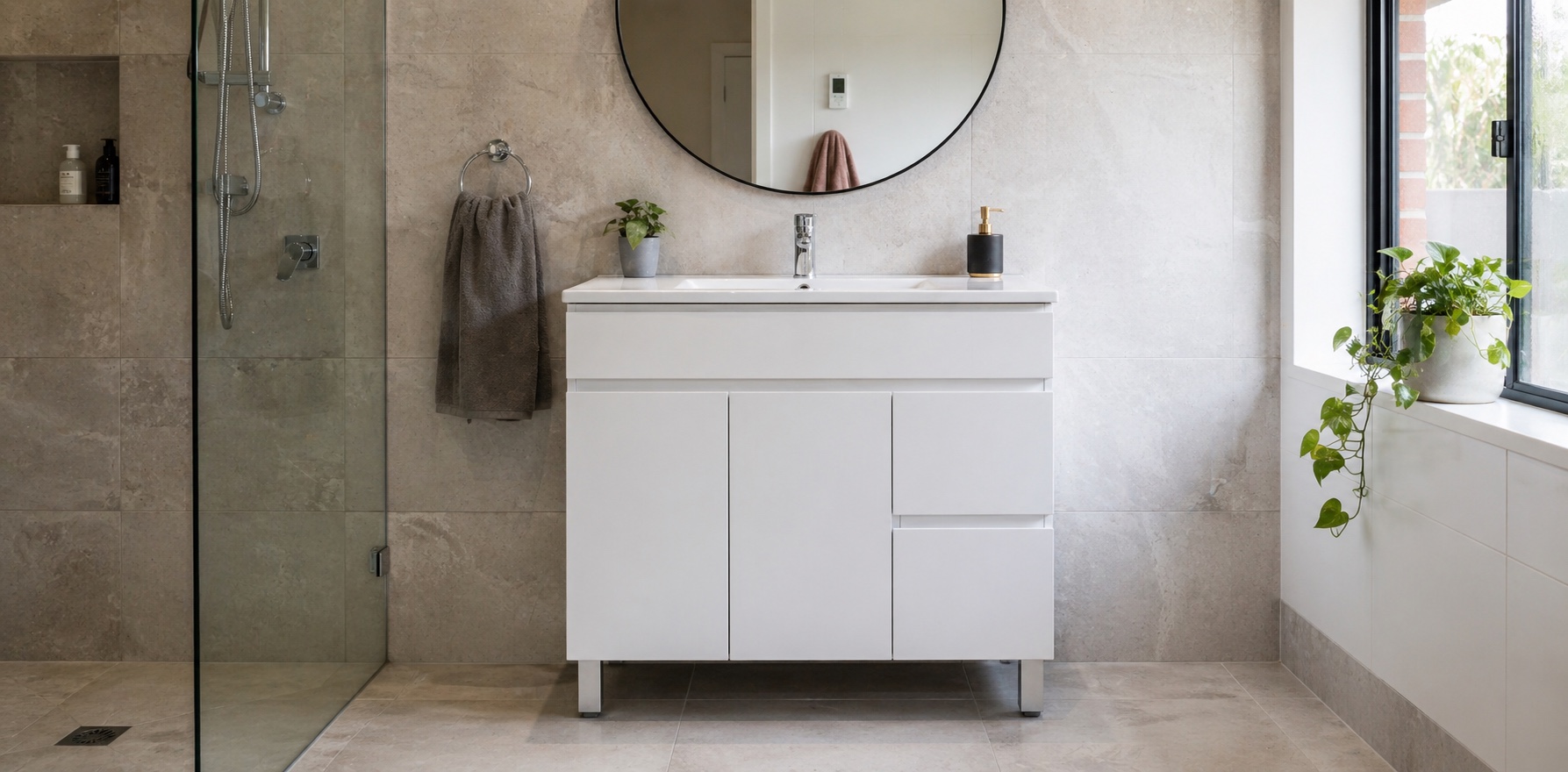 Real bathroom photo with white freestanding vanity cabinet