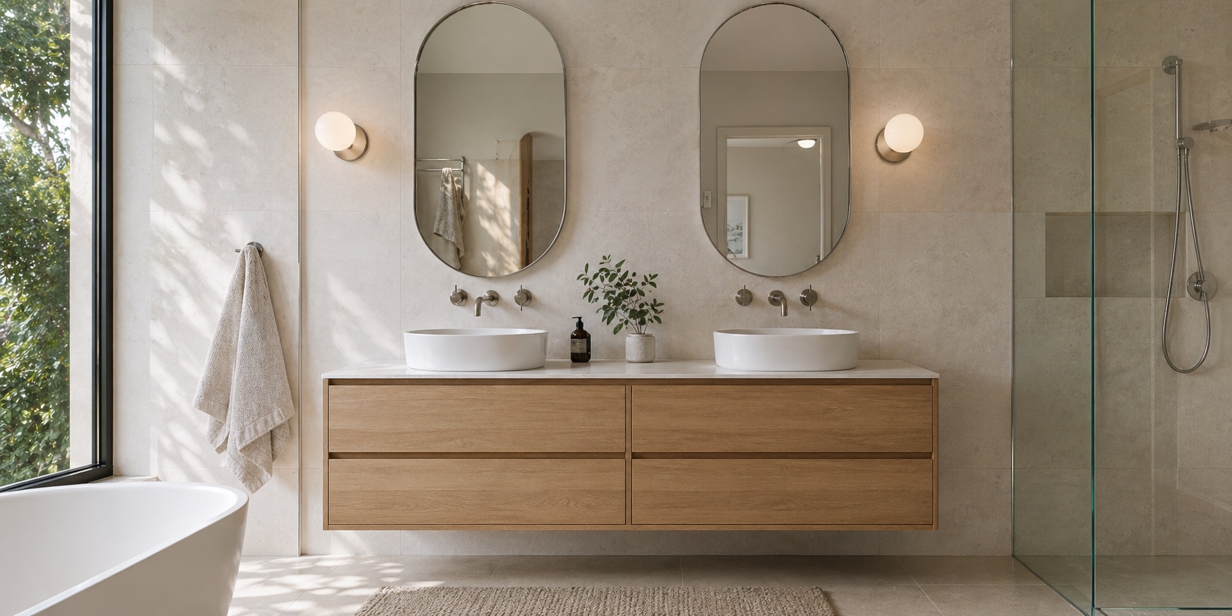 Real bathroom photo with timber double basin vanity