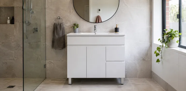 Real bathroom photo with white freestanding vanity cabinet