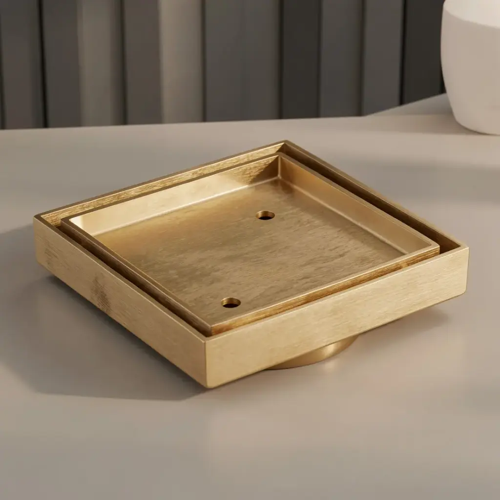 115X115mm Brushed Gold Slim Square Tile Insert Floor Drain(90mm Outlet)