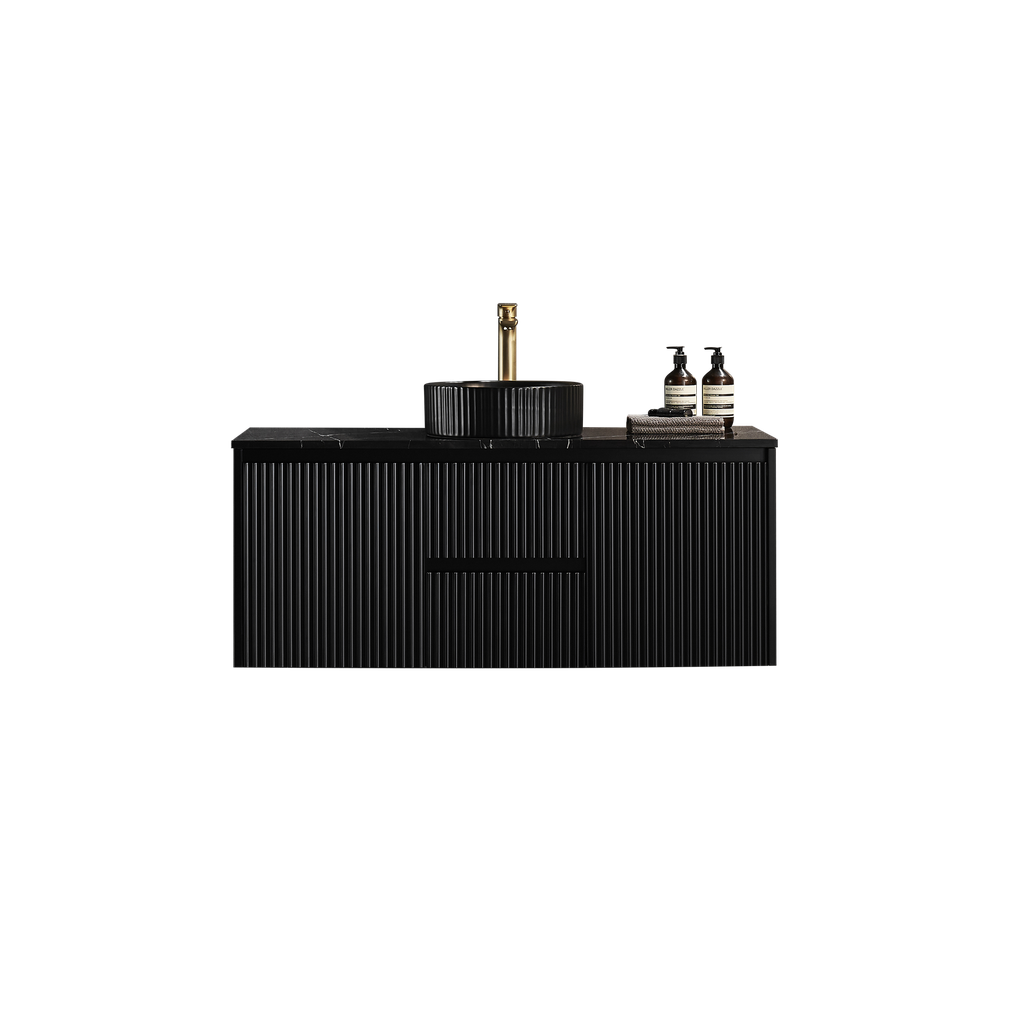 [56615] 1190X455X480mm Matte Black Crete Modern Fluted Wall Hung Vanity PVC Cabinet,Center Drawer