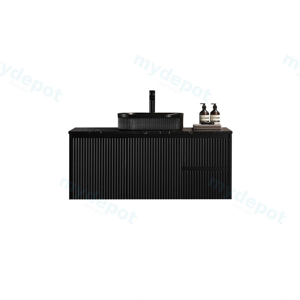 1190X455X480mm Matte Black Crete Modern Fluted Wall Hung Vanity PVC Cabinet,Right Hand Drawers