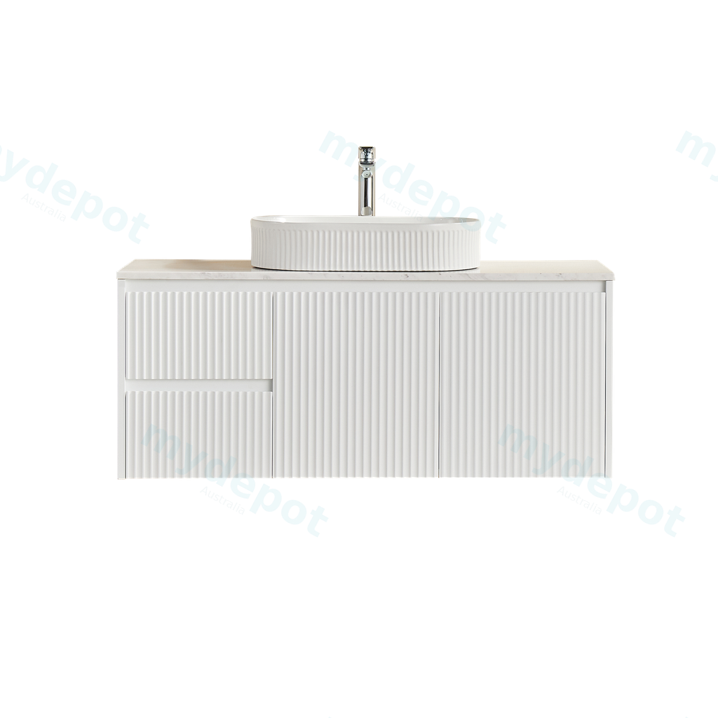 1190X455X480mm Matte White Crete Modern Fluted Wall Hung Vanity PVC Cabinet,Left Hand Drawers