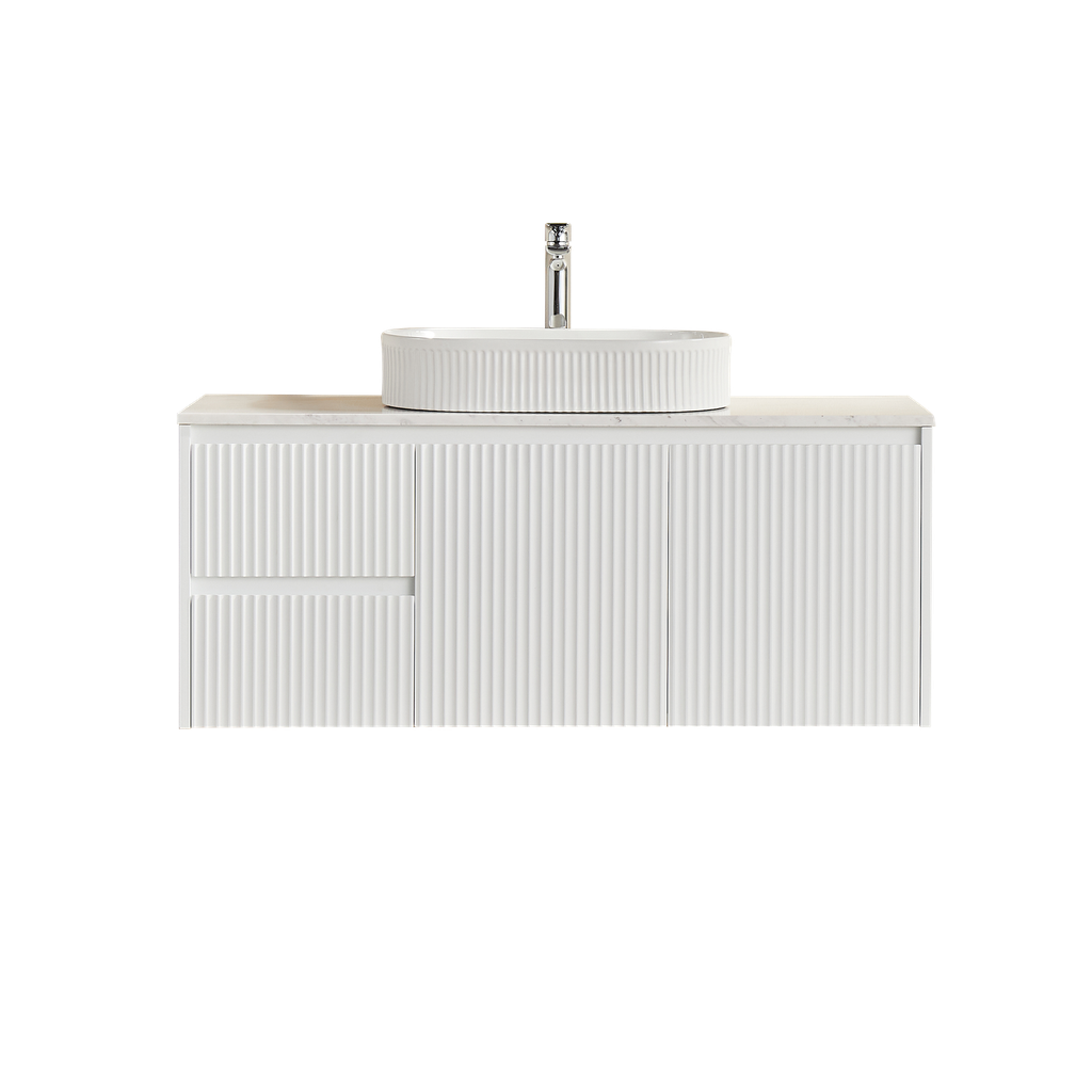 [56603] 1190X455X480mm Matte White Crete Modern Fluted Wall Hung Vanity PVC Cabinet,Left Hand Drawers