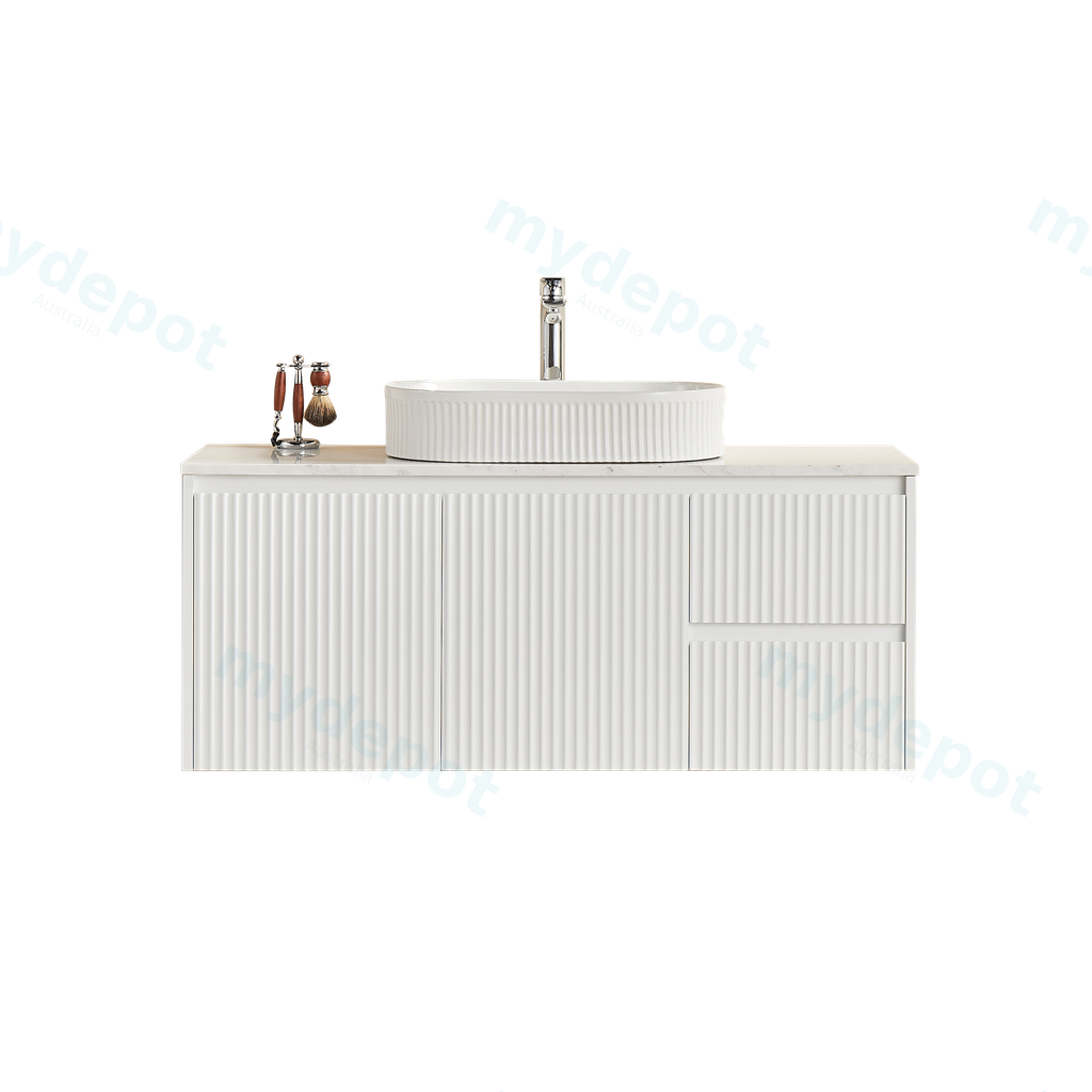 1190X455X480mm Matte White Crete Modern Fluted Wall Hung Vanity PVC Cabinet,Right Hand Drawers