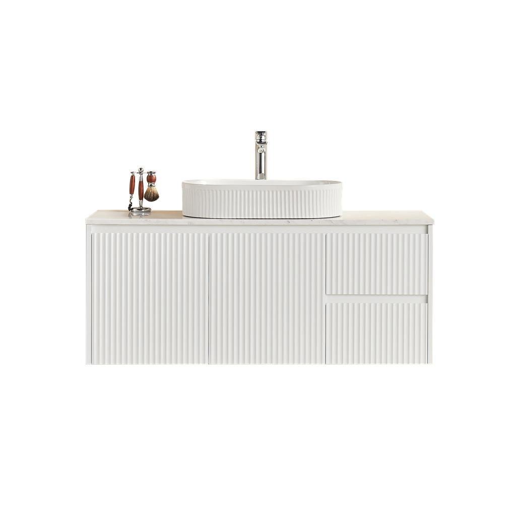 [56604] 1190X455X480mm Matte White Crete Modern Fluted Wall Hung Vanity PVC Cabinet,Right Hand Drawers