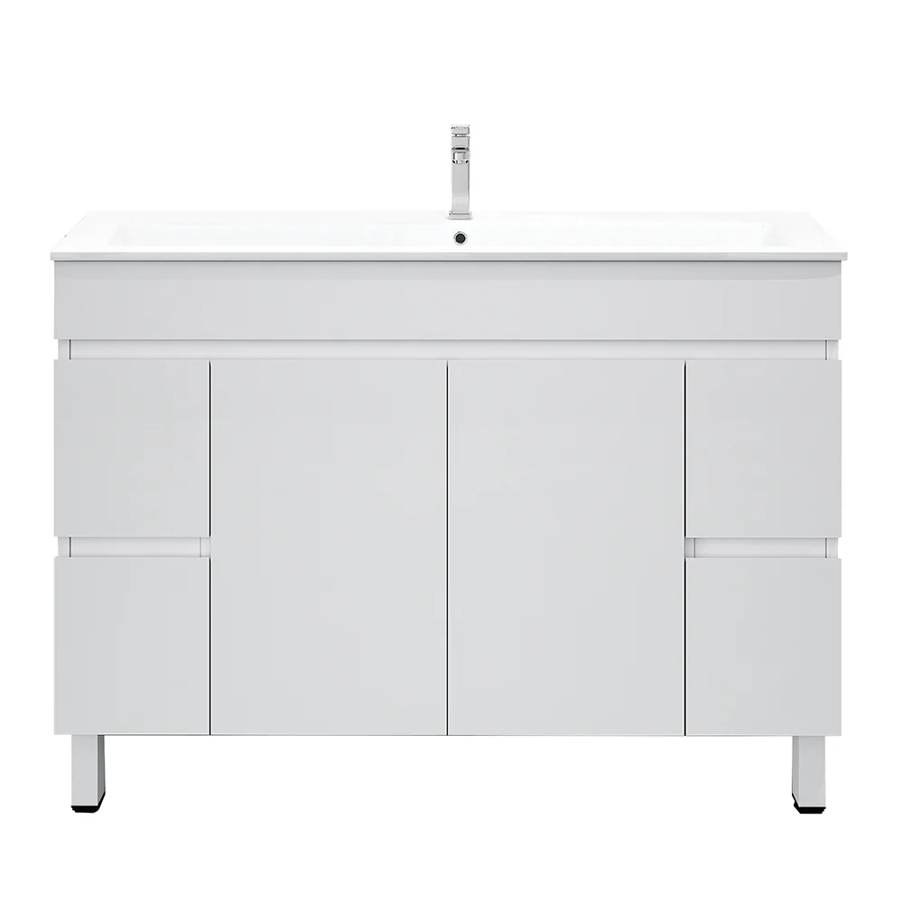 [50511] 1200*450*710mm Freestangding Gloss White PVC Vanity With Double Ceramic Top
