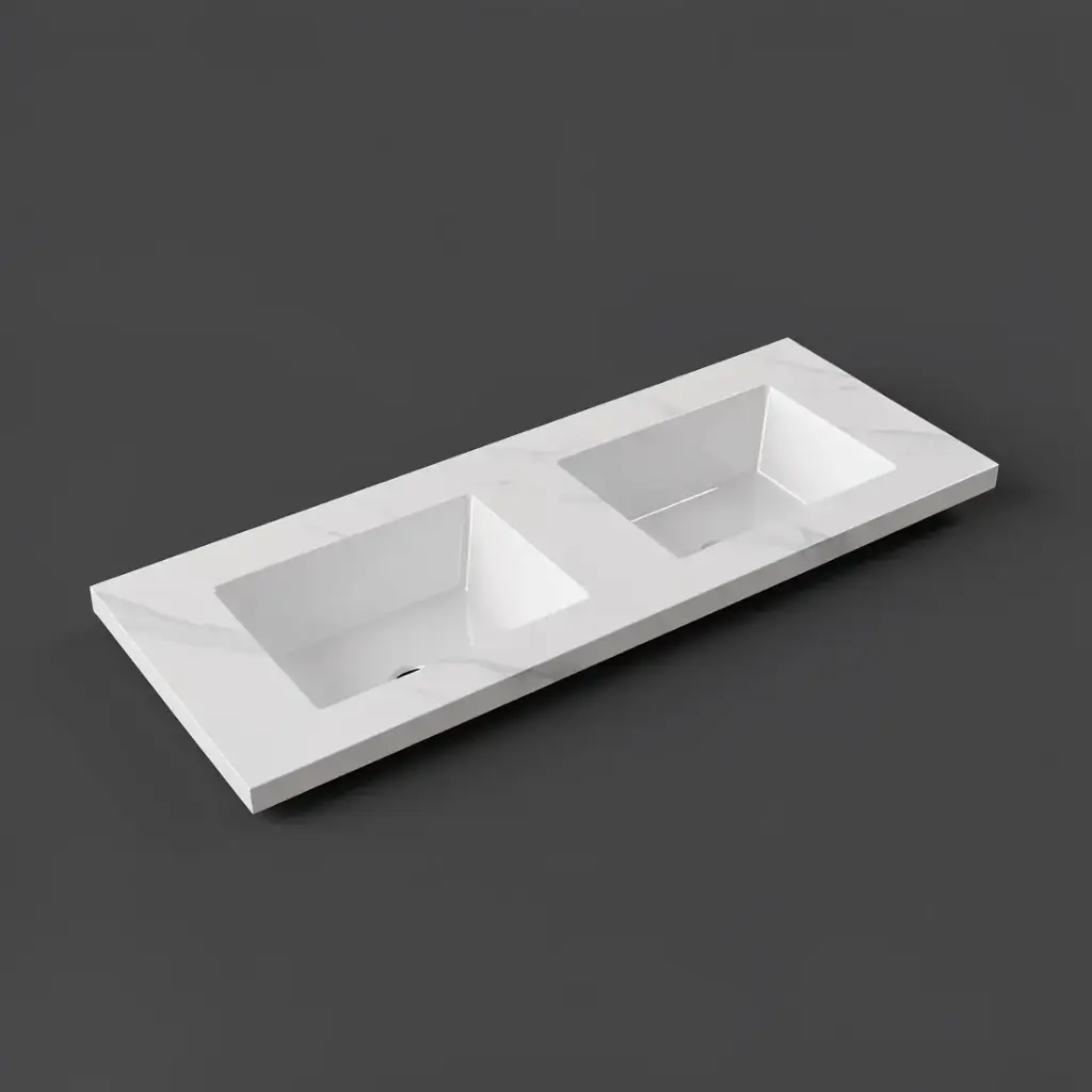 [56771] 12000x460x190mm Carrara White Sintered Stone Seamlessjoined With Fine Ceramic Basin Double Bowl No Tap Hole