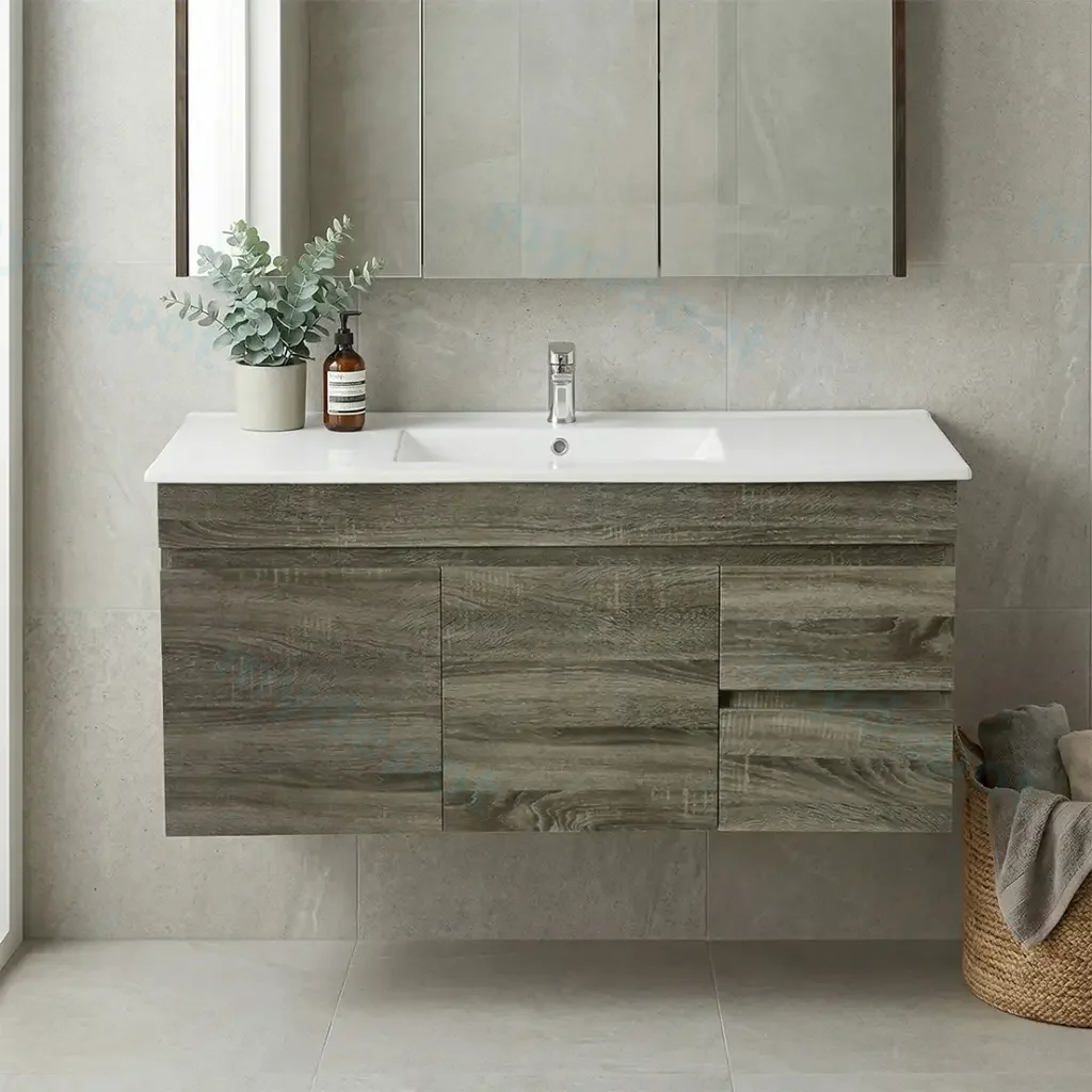 1200mm Dark Grey MDF Wall Hung Bathroom Vanity Cabinet Only Right Drawer PVC Vacuum Filmed