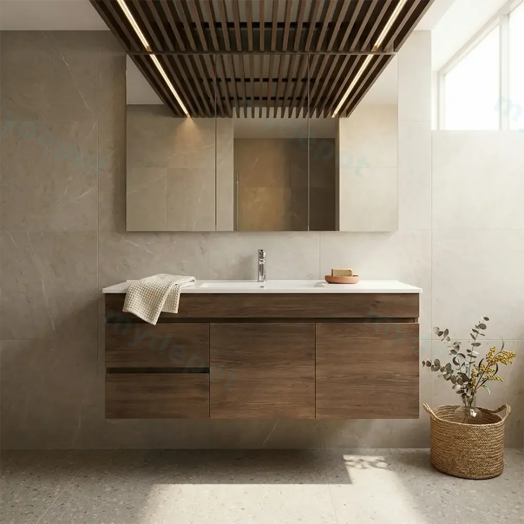 1200mm Dark Oak MDF Wall Hung Bathroom Vanity Cabinet Only Left Drawer PVC Vacuum Filmed