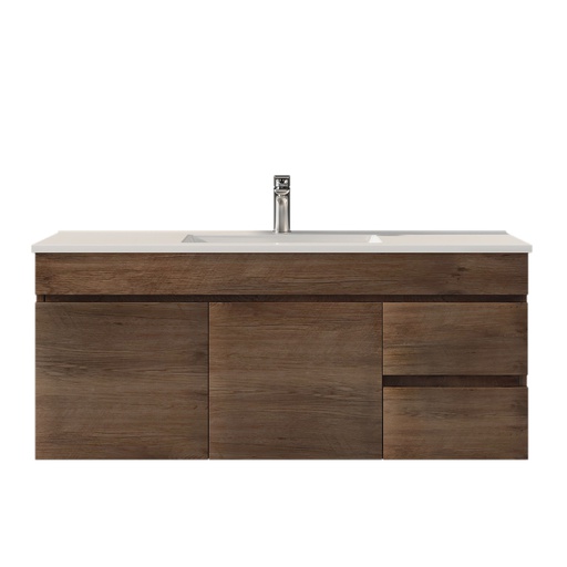 1200mm Dark Oak MDF Wall Hung Bathroom Vanity Cabinet Only Right Drawer PVC Vacuum Filmed